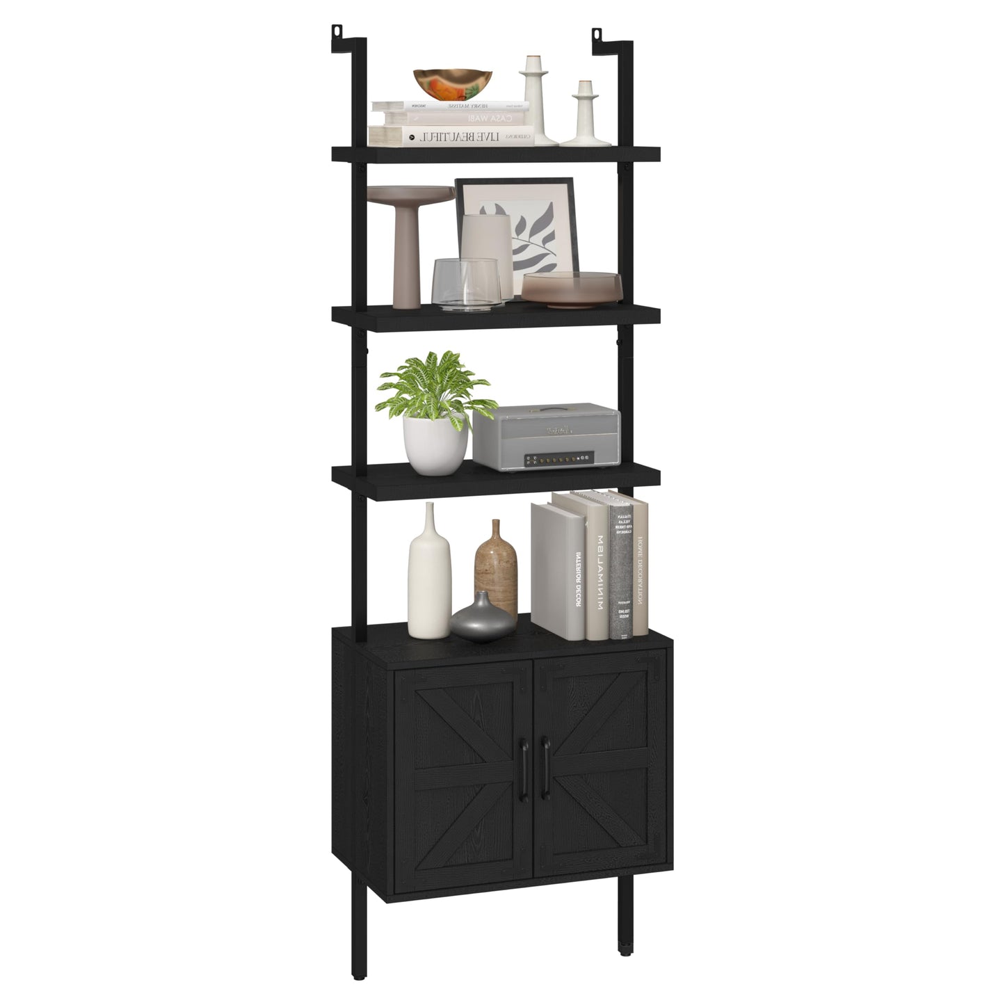 Yusong 73" Tall Bookshelf with Cabinet, Farmhouse Ladder Wall Mount Shelf Industrial Bookcase with Wood and Metal Frame, Plant Shelf Wall Storage Book Case Display for Living Room Bedroom Black