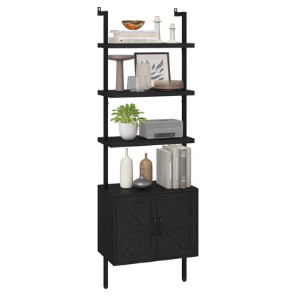 Yusong 73" Tall Bookshelf with Cabinet, Farmhouse Ladder Wall Mount Shelf Industrial Bookcase with Wood and Metal Frame, Plant Shelf Wall Storage Book Case Display for Living Room Bedroom Black