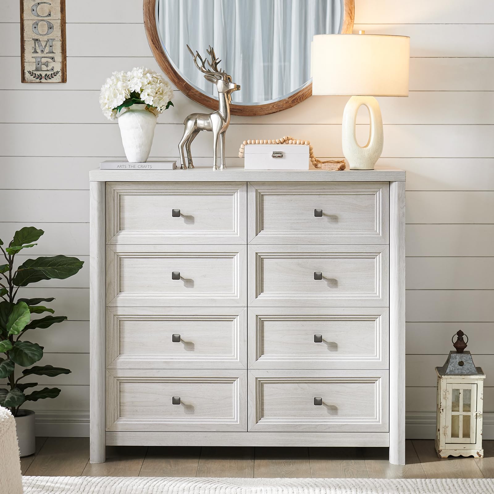 Standifurno Farmhouse 8 Drawers Dresser for Bedroom, 41" Tall Rustic Wood Chest of Drawers with Natural Texture, Metal Handle, White Storage Closet Dressers Organizer for Bedroom, Living Room - WoodArtSupply