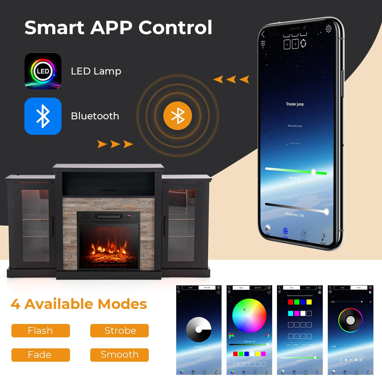 GOFLAME Fireplace TV Stand with LED Lights for TV up to 65”, Entertainment Center with 18” Electric Fireplace, Remote & APP Control, TV Console with Adjustable Glass Shelves (Black) GOFLAME