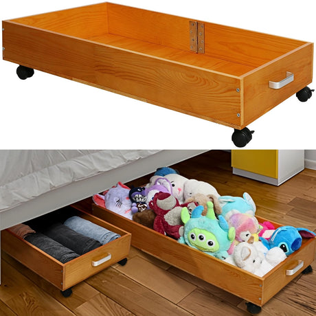 2-Pack Solid Wood Under Bed Storage with Wheels, Underbed Drawers Underneath with Handle - Wooden Crate Clothes Storage Containers Organizer (Light Brown) - Fits Any Size Bed Ofiray-home