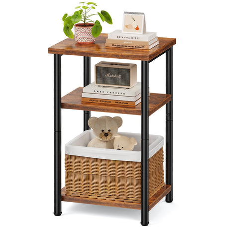 Sweetcrispy 3-Tier End Table Side Tables with Adjustable Feet,Small Nightstand Space-Saving for Bedroom Living Room Office, Rustic Brown Sweetcrispy