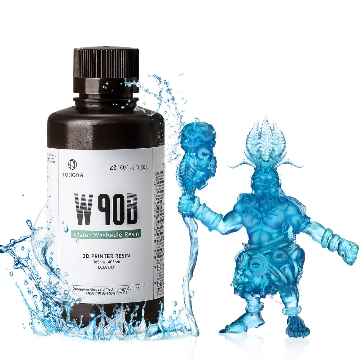 RESIONE W90B Water Washable 3D Printer Resin Almost Odorless LCD UV-Curing Resin 405nm Standard Photopolymer Resin for DLP MSLA LCD 3D Printing (Transparent Blue, 500g) RI RESIONE