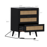 Irontar Rattan Nightstand with Charging Station, Night Stand with 3 Large Rattan Drawers, Accent End Table, Bedside Table with Solid Wooden Legs for Bedroom, Black and Natural BZZ006BME Irontar