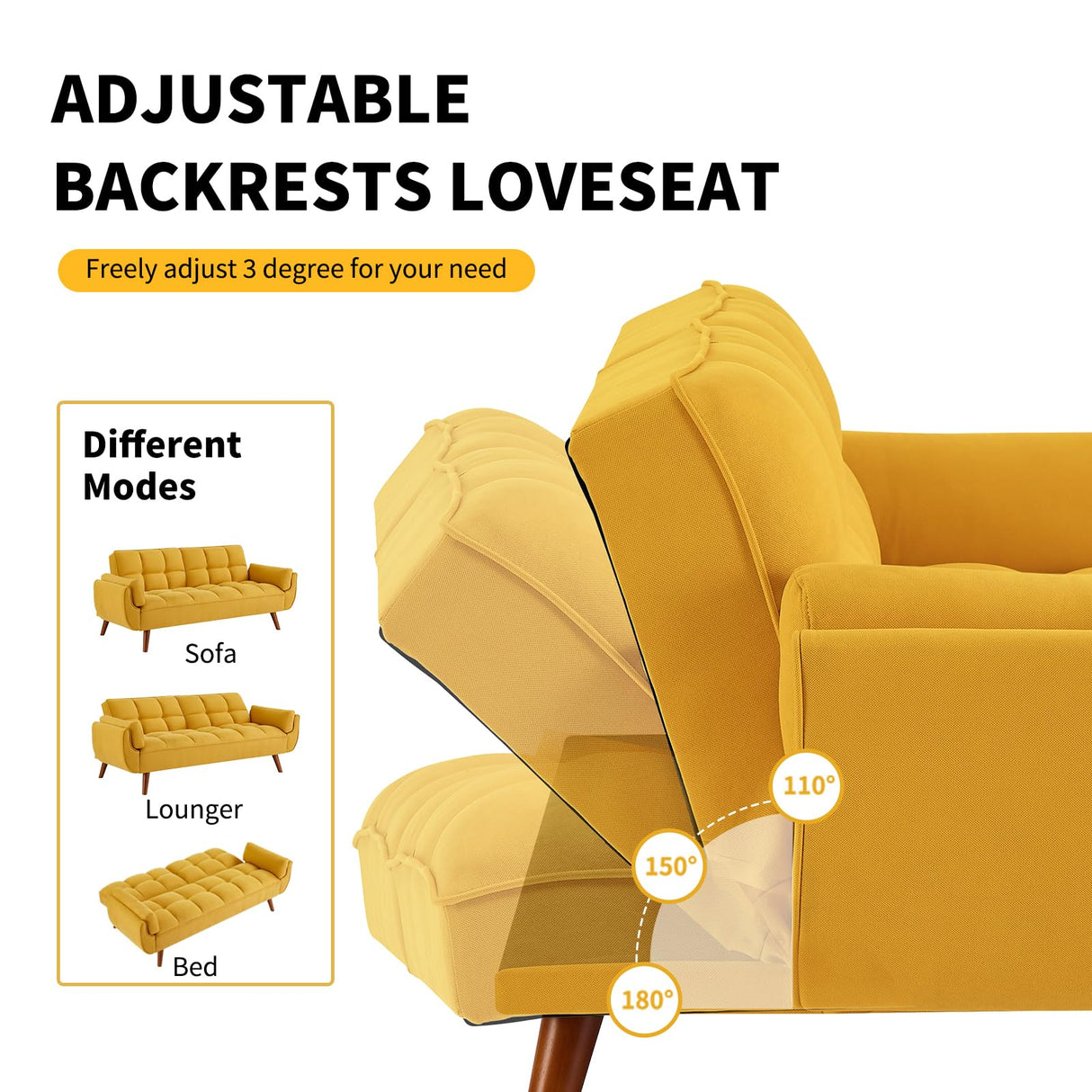 Homies Life Convertible Futon Sofa Bed, Linen Sleeper Couch, 75" W Modern 3 Seater Tufted Sofa with Adjustable Backrests and Solid Wood Legs for Small Spaces, Living Room, Bedroom, Golden Yellow Homies Life