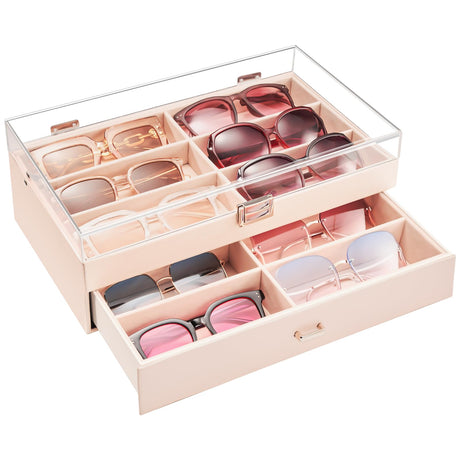 ProCase 12 Slots Acrylic Clear Top Sunglass Organizer, 2 Layers Eyeglasses Case Multi Pairs Storage Eyewear Display Holder with Transparent Lid and Drawer -Champagne ProCase