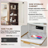 T4TREAM Fluted Makeup Vanity Desk with 36" HD Lighted Mirror, 48" Big Modern Vanity Desk with Mirror and Lights, Dressing Table with 5 Drawers & Shelves, Glass Top for Bedroom (Dark Walnut) T4TREAM