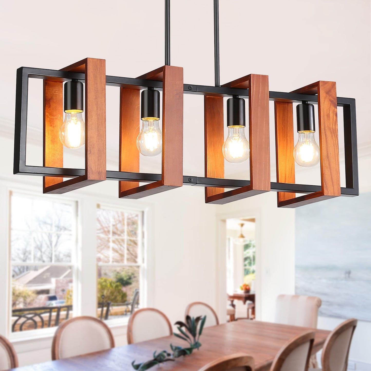 HUMHOLD 4-Light Kitchen Island Lights Pendant Light Farmhouse Dining Room Light Fixture, Rustic Wood and Black Metal Rectangular Chandelier, 32" Hanging Lighting for Living Room, Bar - WoodArtSupply