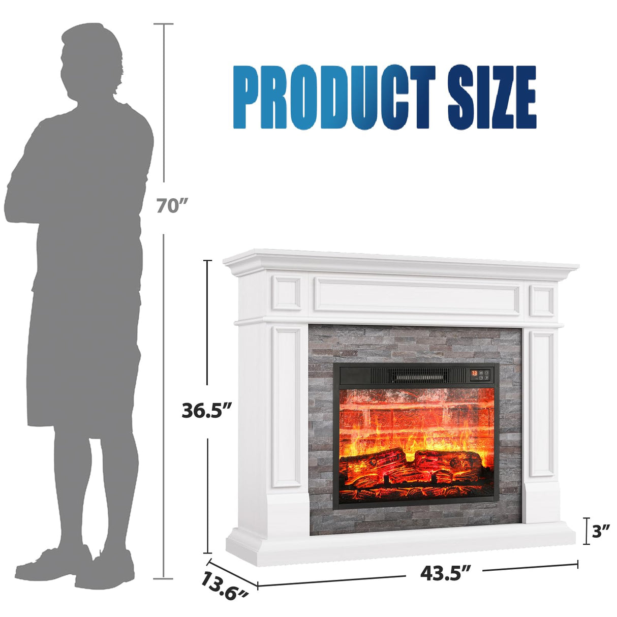 Naice 44" Electric Fireplace Mantel, Farmhouse TV Stand with Electric Fireplace Heater, Stacked Stone Surround and Remote Control 3D Realistic Flame, White Fireplace for Living Room Bedroom Naice