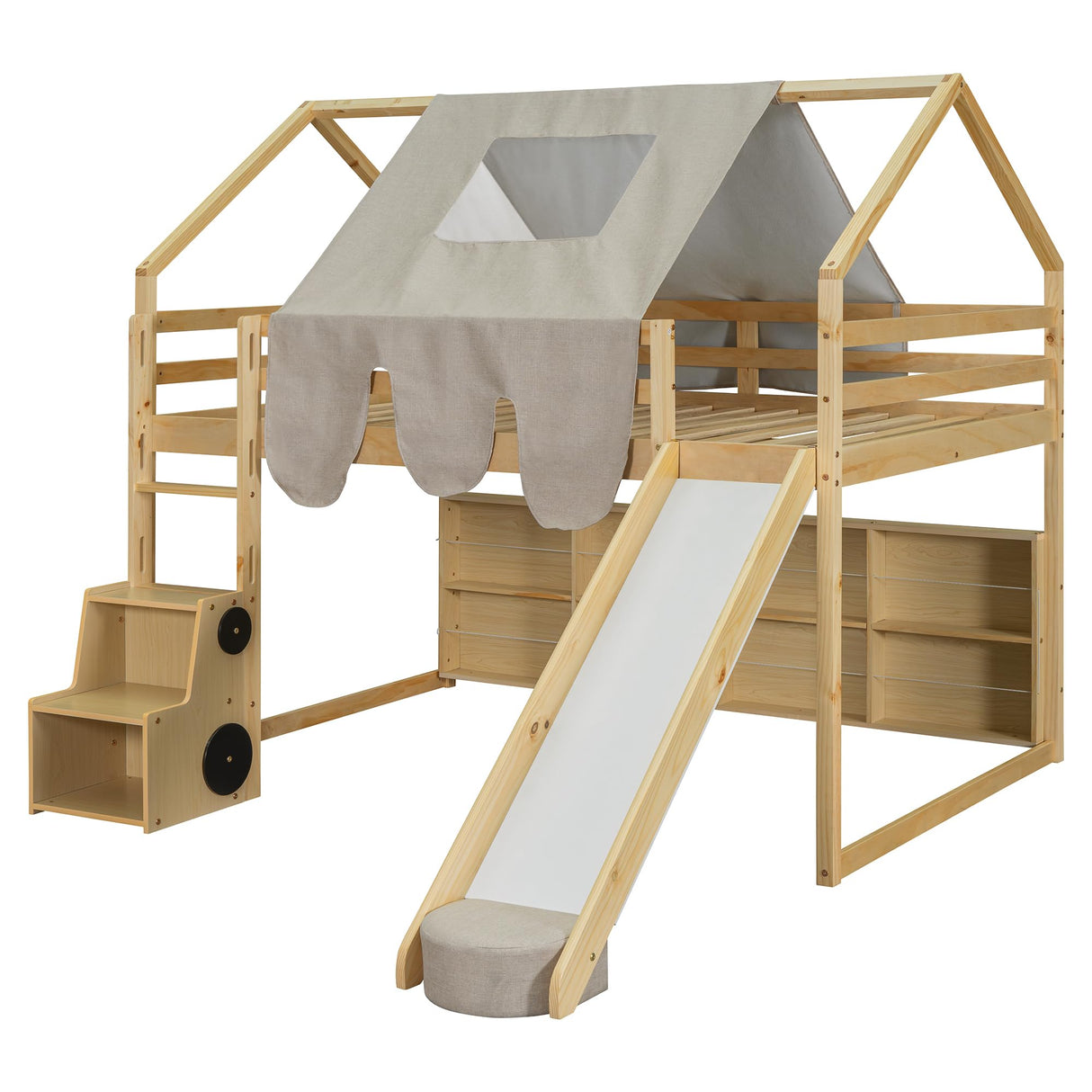 Merax Full Size Junior Wood Loft Bed with Slide and Storage Shelves, House Loft Bed with Staircase for Girls Boys,Easy Assemble, Natural Merax