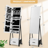 LOKO Rolling Jewelry Cabinet with Wheels, Lockable Jewelry Organizer Box with Drawers, Freestanding Jewelry Armoire with Full-length Mirror, for Women Girls Bedroom Cloakroom (White) LOKO