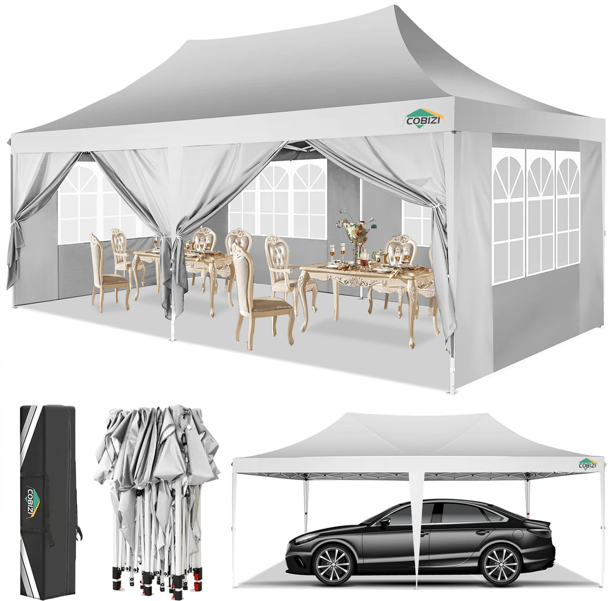 COBIZI 10x20 Pop Up Canopy with Sidewalls,Waterproof & UV50+,Tents for Parties,Outdoor Gazebo for Backyard,Suitable for Weddings, Events,and Markets,Vending White COBIZI