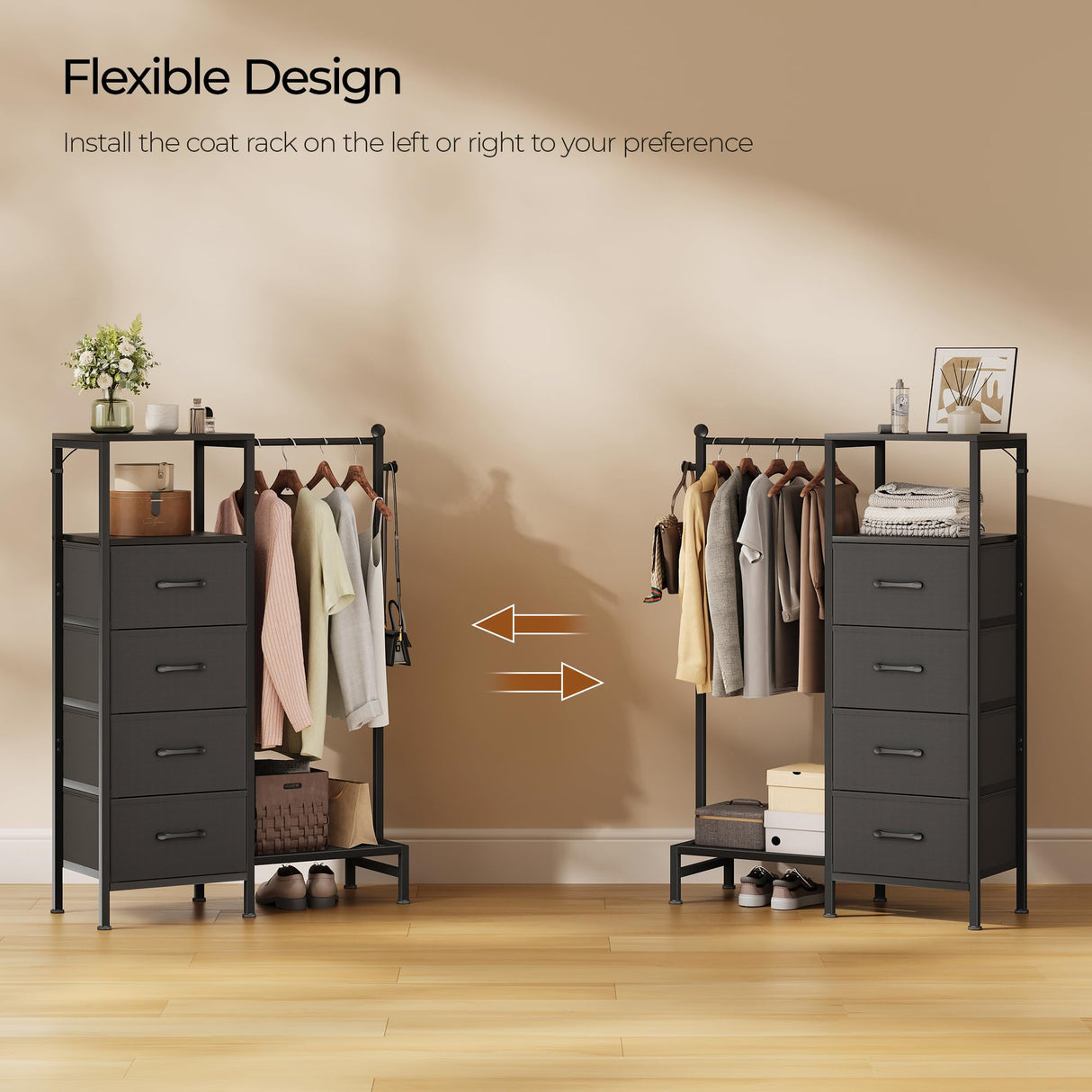 TRIFEBLE Dresser for Bedroom with Reversible Hanging Rack, 4 Drawers Dresser with LED Lights, Fabric Dressers with Open Shelf, Chest of Drawers with Clothes Rack, Kids Dressers for Bedroom, Black TRIFEBLE