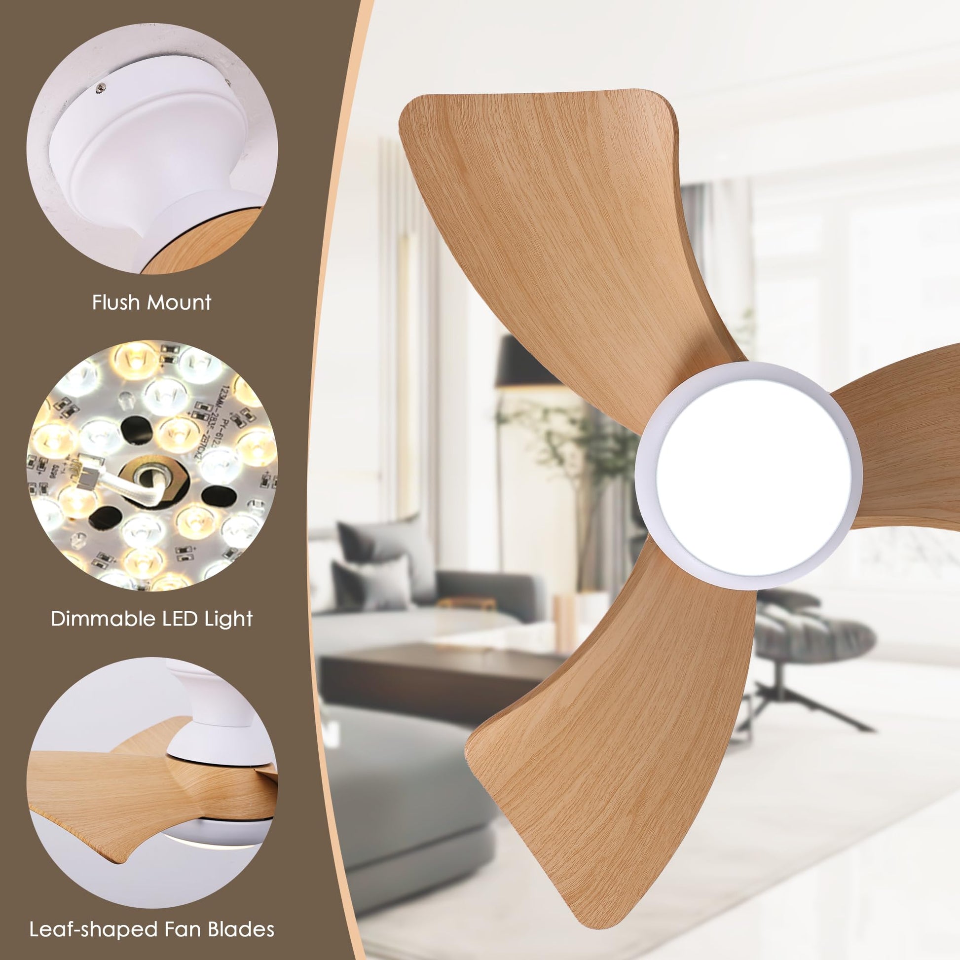 KINGTORO Ceiling Fans with Light and Remote, 30inch Wood Low Profile Ceiling Fan with Lights,Flush Mount, Dimmable Noiseless,Reversible Modern LED Ceiling Fan for Bedroom Kitchen Dining Room - WoodArtSupply