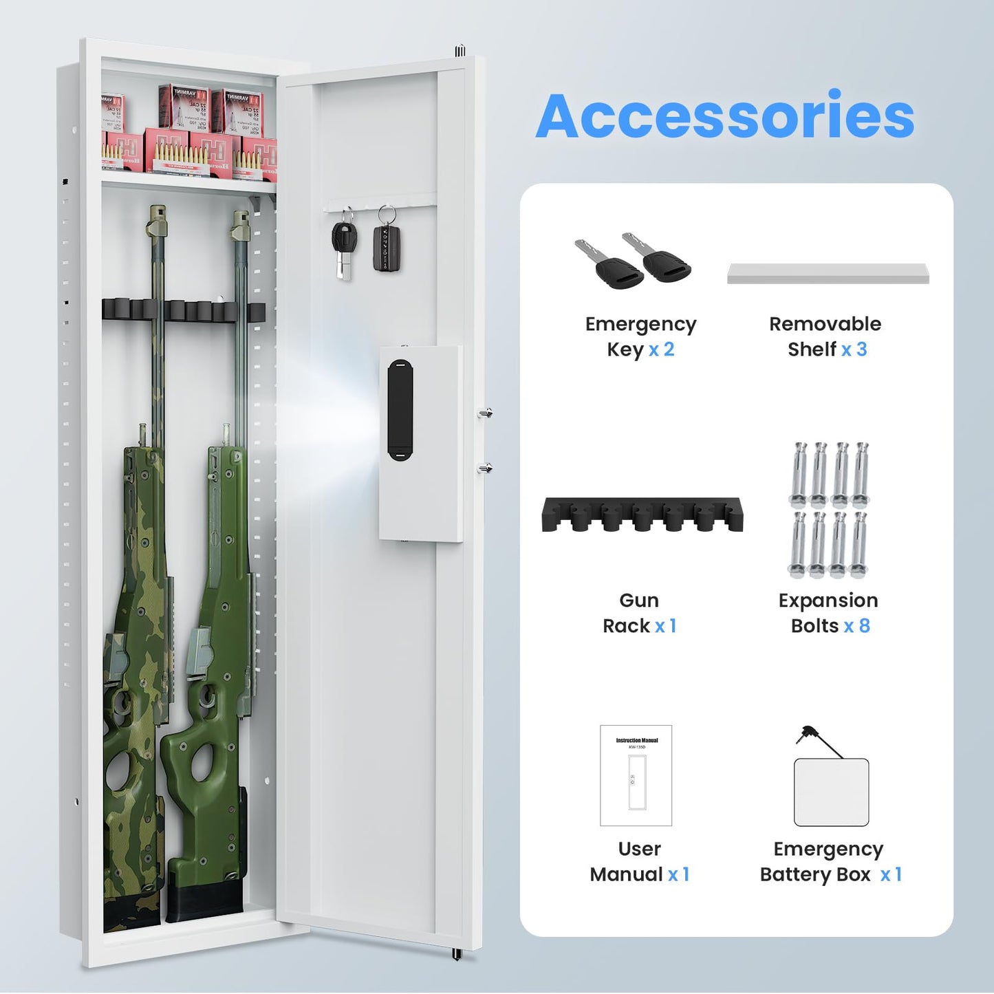 2024 NEW 53.15” Wall Gun Safe, Fingerprint Wall Safe Between the Studs with Dual Alarm ＆ Mute Mode, Hidden Wall Gun Safe for Rifles and Pistols with Adjustable Shelves, Magnetic Gun Support & Key Hook