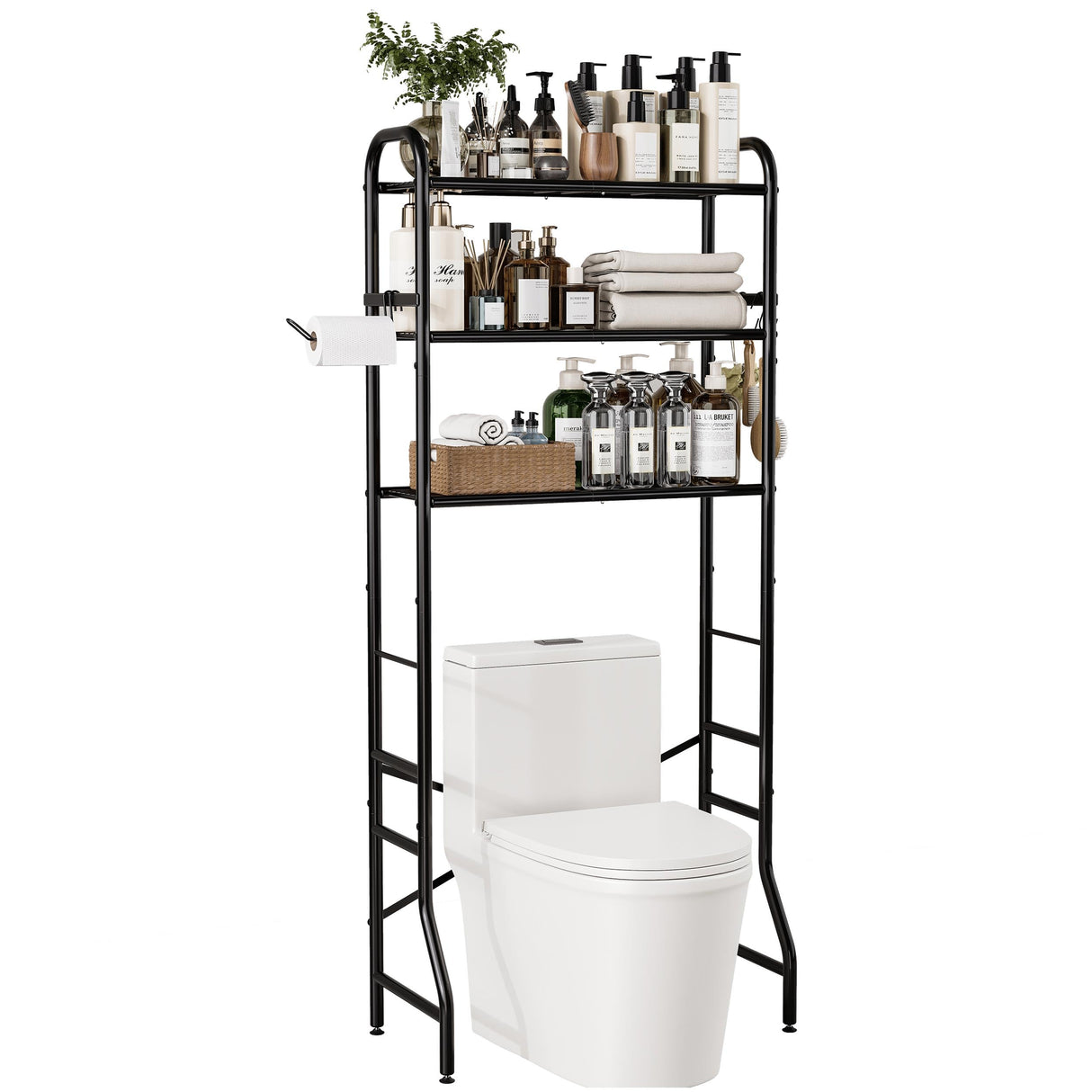 Tujurich Over The Toilet Storage Rack, 3-Tier Metal Bathroom Organizer with Hooks, Over The Toilet Storage Cabinet, Space Saver Shelf for Bathroom, Black, 23.6" x 13.0" x 63.4" Tujurich