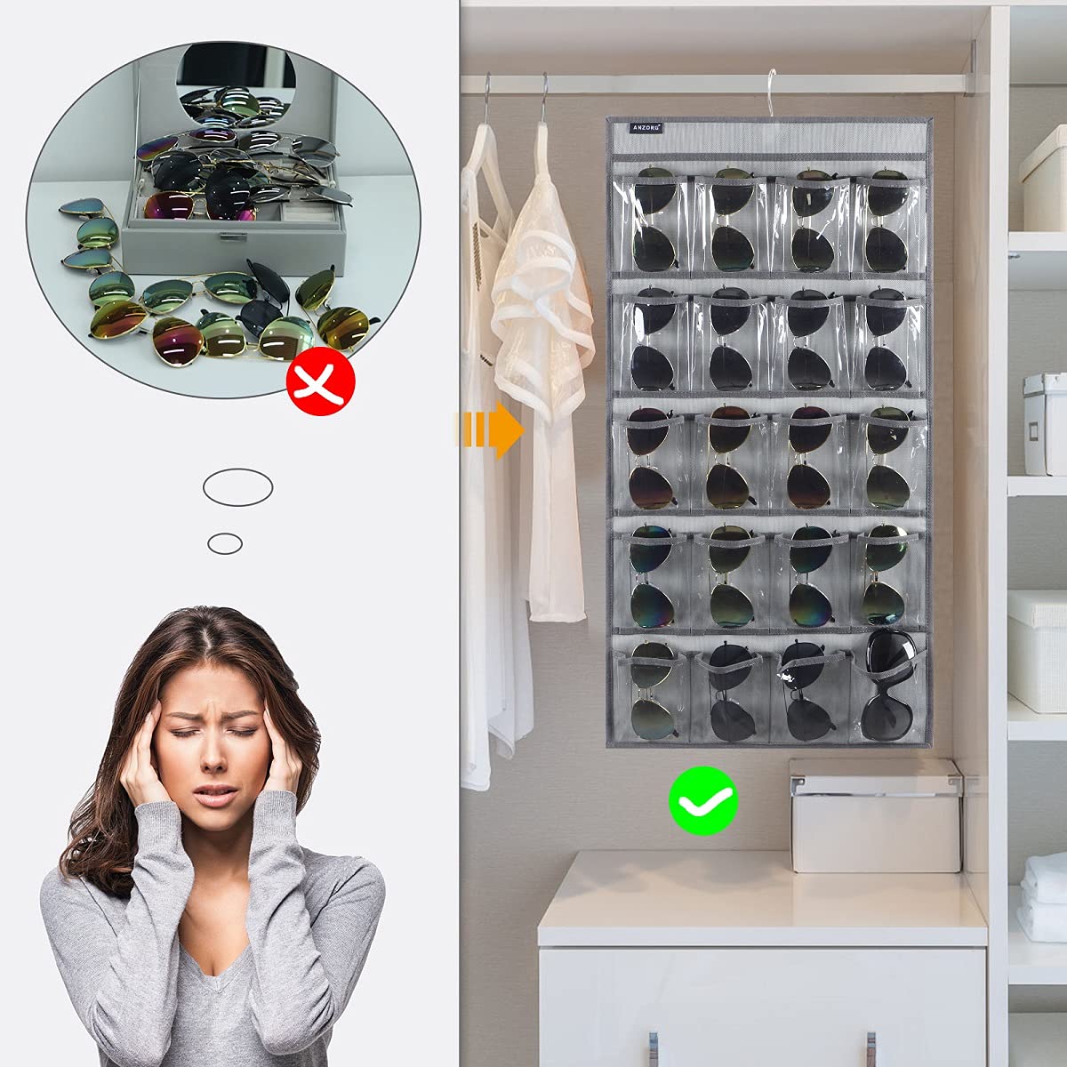ANZORG Dual Sided Hanging Sunglasses Organizer Storage Wall Mounted Eyeglasses Holder Eyewear Display Case with 40 Clear Slots (40 Pockets-Grey) ANZORG