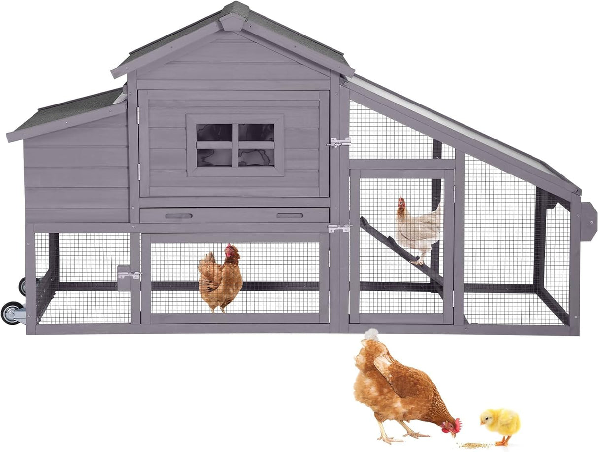 Chicken Coop for 4 Chickens, Mobile Chicken House with with Wheels, Outdoor Hen House Poultry Cage with Nesting Box, Leakproof Pull Out Tray and UV-Resistant Roof (67.3" L x 29" W x 39.4" H) Suumerpety
