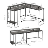 Panana 53.5" L Shaped Computer Desk Gaming Desk with LED Lights and Power Outlets, Reversible L Shaped Corner Desk with Monitor Stand, Home Office Desk with Shelf and USB Port (Grey) Panana
