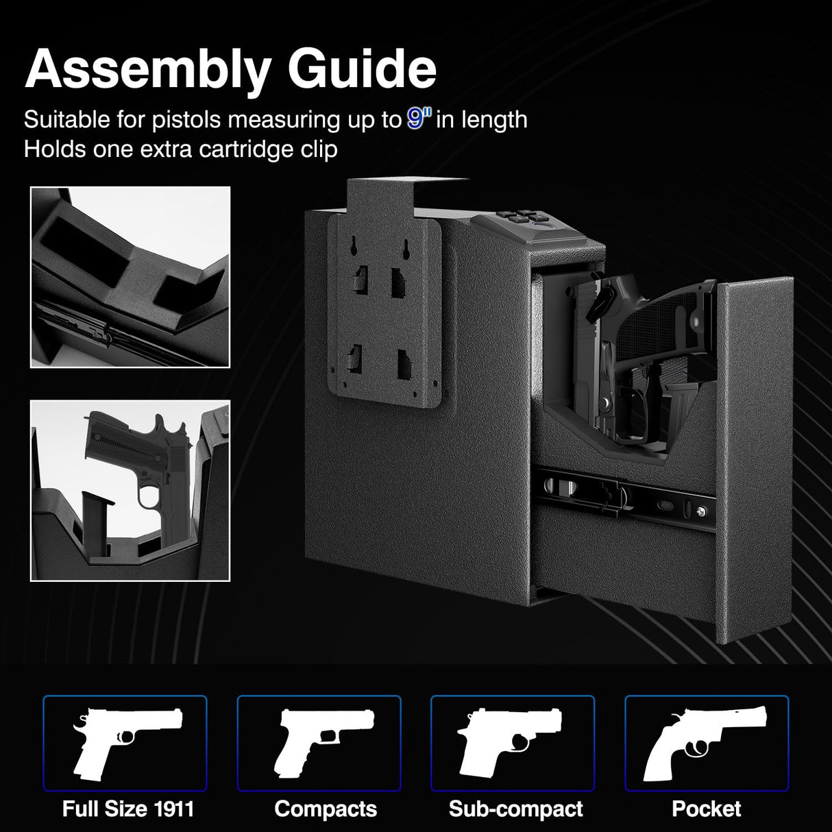 Arvilon Slider Handgun Safe for Nightstand, Biometric Beside Gun Safe for Pistols with Quick Access Sliding Door, Pistol Safes for Wall Bedside Desk Vehicle with the Fingerprint, Keypad Arvilon