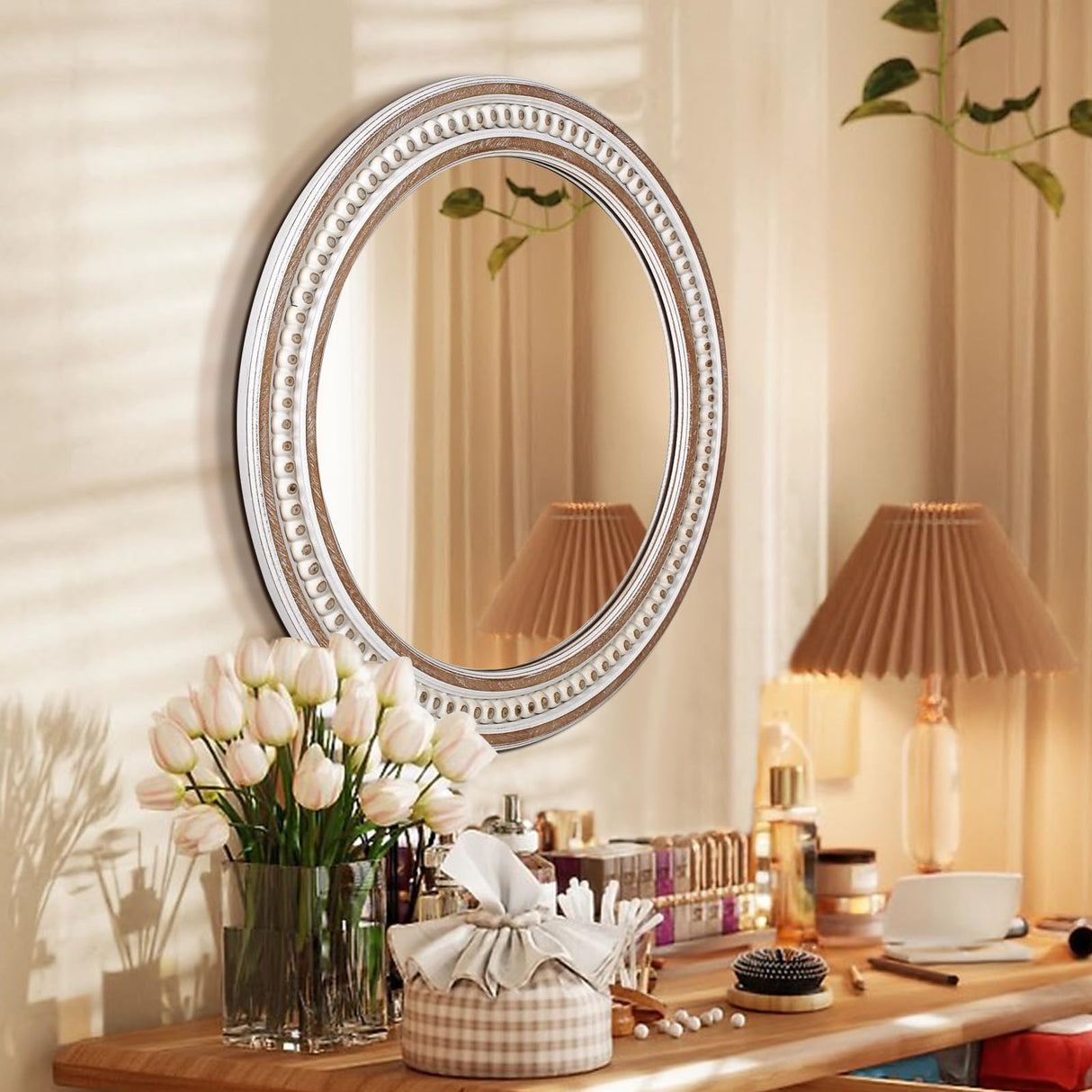 24 Inches Rustic Round Wall Mirrors - Wooden Farmhouse Circle Mirror for Bathroom, Entryway, Bedroom, Living Room, Entryway Decorative Decointo