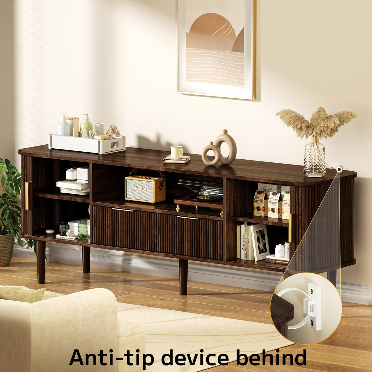 DAMCROP TV Stand 62.4 Inch Mid Century Modern Media Console Table with Drawer Shelves Sliding Tambour Door Farmhouse Sideboard Buffet Cabinet Fits TVs up to 75 inch Fluted Wood Entertainment Center DAMCROP