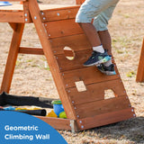 Dolphin Playground Wooden Swing Sets for Backyard, Outdoor Playset with Slide, Sand Box, Climbing Wall, and 2 Belt Swings, Playground Sets for Backyards, Young Kids Outdoor Play Equipment, Ages 3-9 DOLPHIN PLAYGROUND T