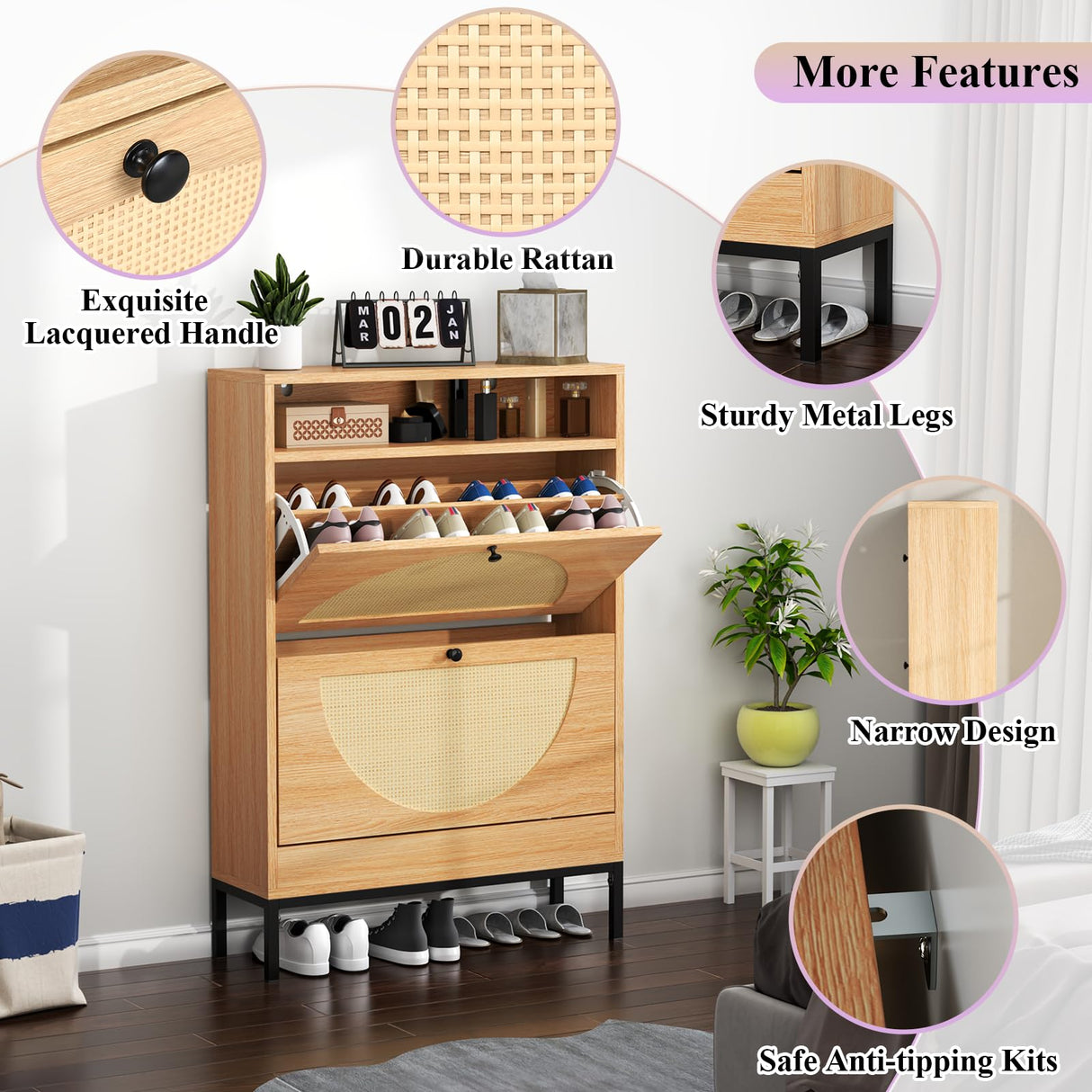 Gyfimoie Rattan Shoe Cabinet with 2 Flip Drawers, Free Standing Narrow Shoe Storage Organizer with Top Cubby, Slim Shoe Rack Cabinet for Entryway, Natural (Natural) Gyfimoie