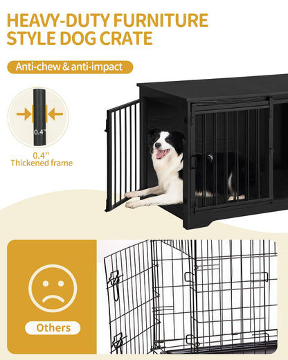 Hzuaneri Dog Crate Furniture, 39.4" Double Door Dog Crate with Barn Door, Dog Kennel Indoor, End Side Table Wooden Dog Crate for Small Medium Large Dog, Anti-Chew Anti-Escape, Black - WoodArtSupply