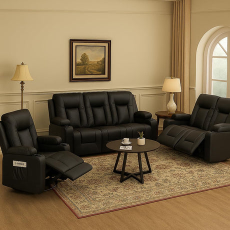 LUCKLIFE Leather Recliner Sofa Set with Manual Recliners,Living Room Furniture Set with Reclining Couch,Loveseat and Armchair,Living Room Chair with Cup Holders,Black (3+2+1) LUCKLIFE