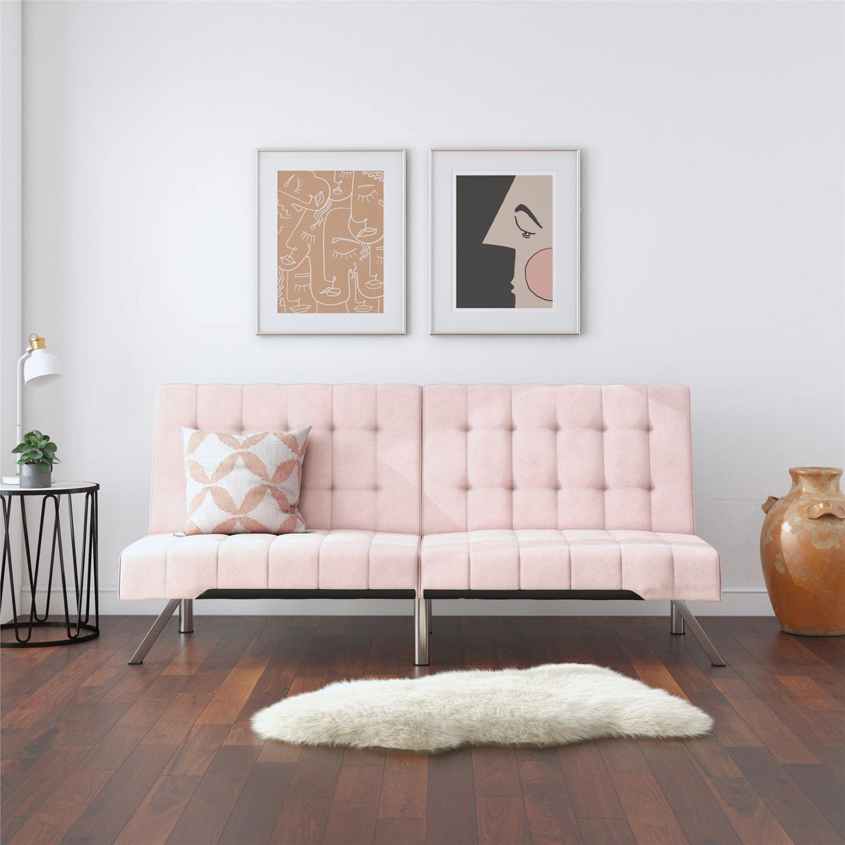 DHP Emily 71 Inch Futon Sofa Bed Fabric, Armless Upholstered Couch Sleeper with Tufted Back and Seat, Mid-Century Modern, Pink Velvet DHP