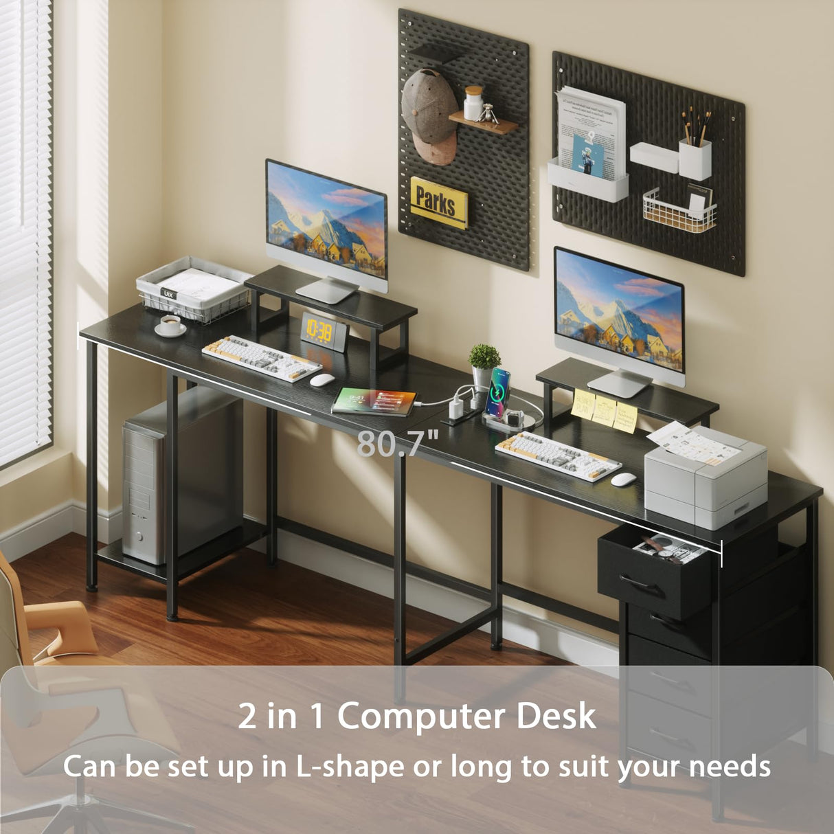 Korfile L Shaped Computer Desk with Power Outlets, Corner Desk with 2 Monitor Stands, Home Office Desk with 4 Adjustable Storage Drawers & Shelves, Large Gaming Desk for Bedroom, 59 inch, Black Korfile