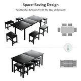 iPormis 7-Piece Dining Table Set with 6 Stools, 63" Extendable Kitchen Table Set for 4-8, Modern Dining Room Table with Sturdy Metal Frame, Space-Saving Dinette, Black iPormis