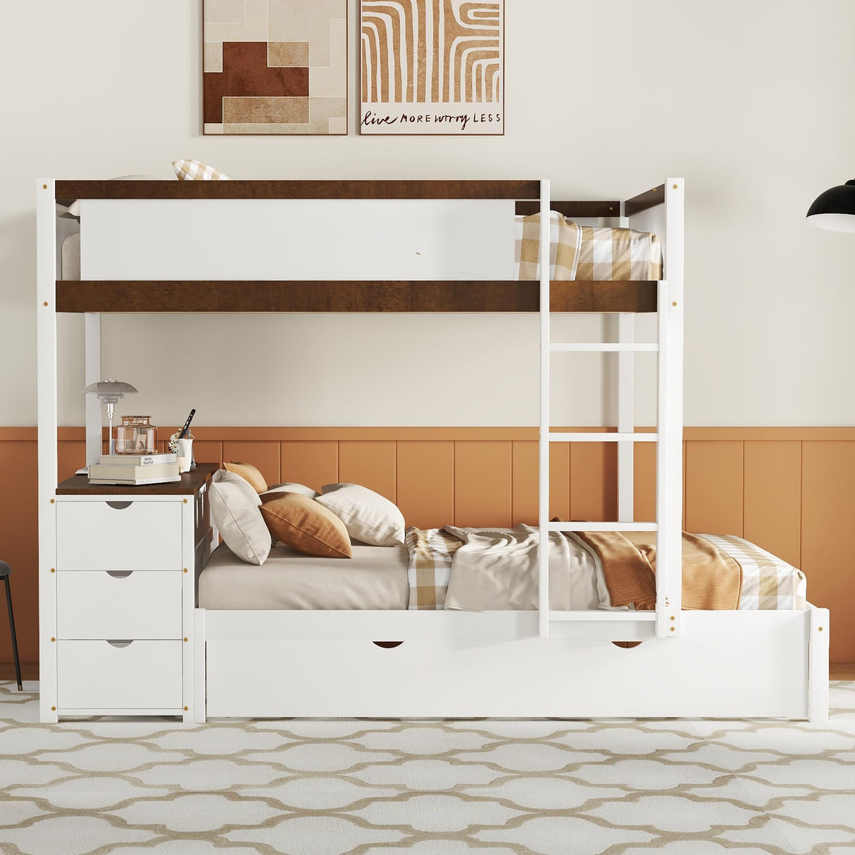 Harper & Bright Designs Full Over Full Bunk Bed Twin Size Trundle, Wood Full Bunk Bed with USB Ports, Storage and Desk, White+Walnut Harper & Bright Designs