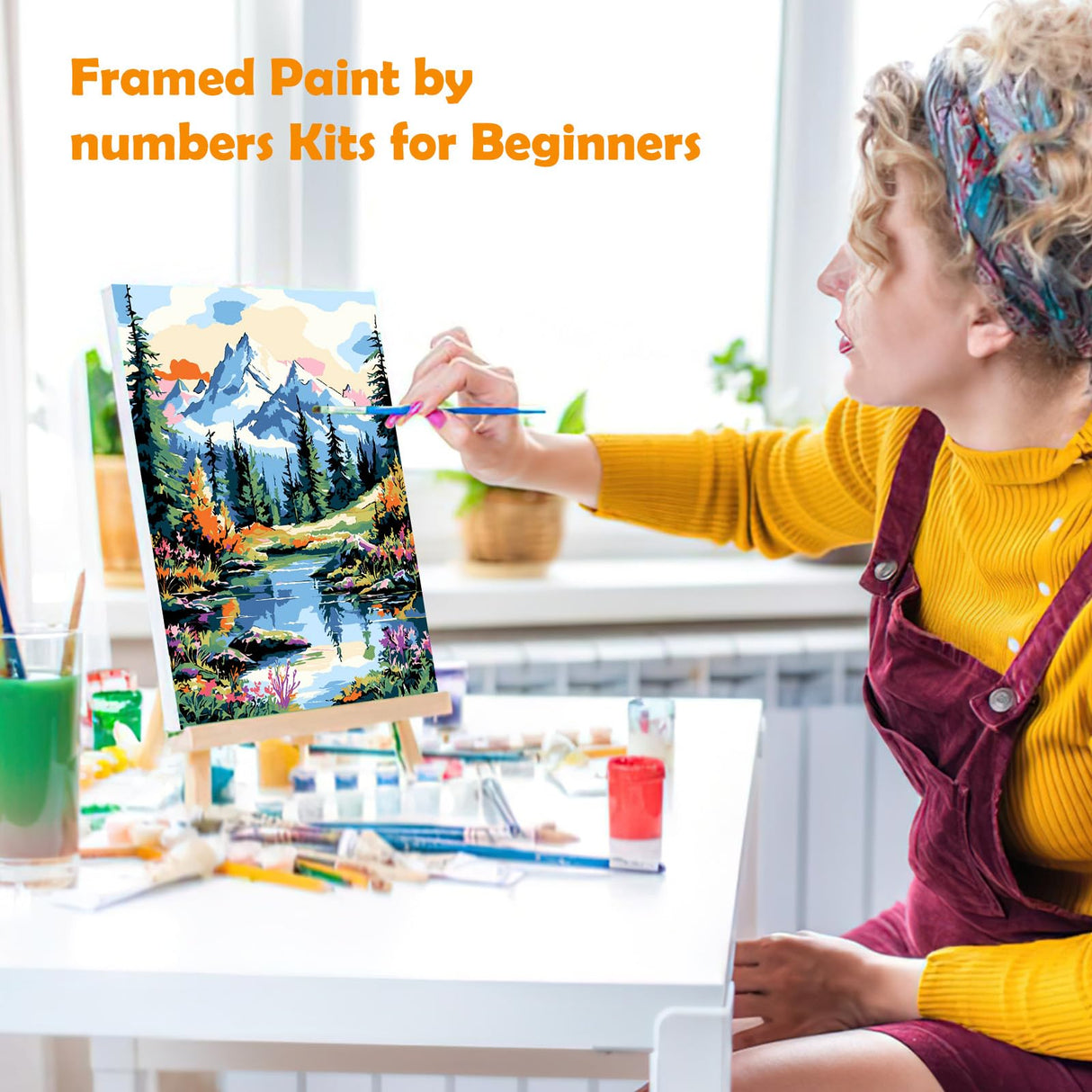 MOGTAA Mountains Lake Paint by Numbers Kit for Adults Beginners with Frame, Landscape Adult Paint by Number Kits on Canvas with Easel, Easy DIY Oil Painting Kits for Home Decor, 8x12in MOGTAA