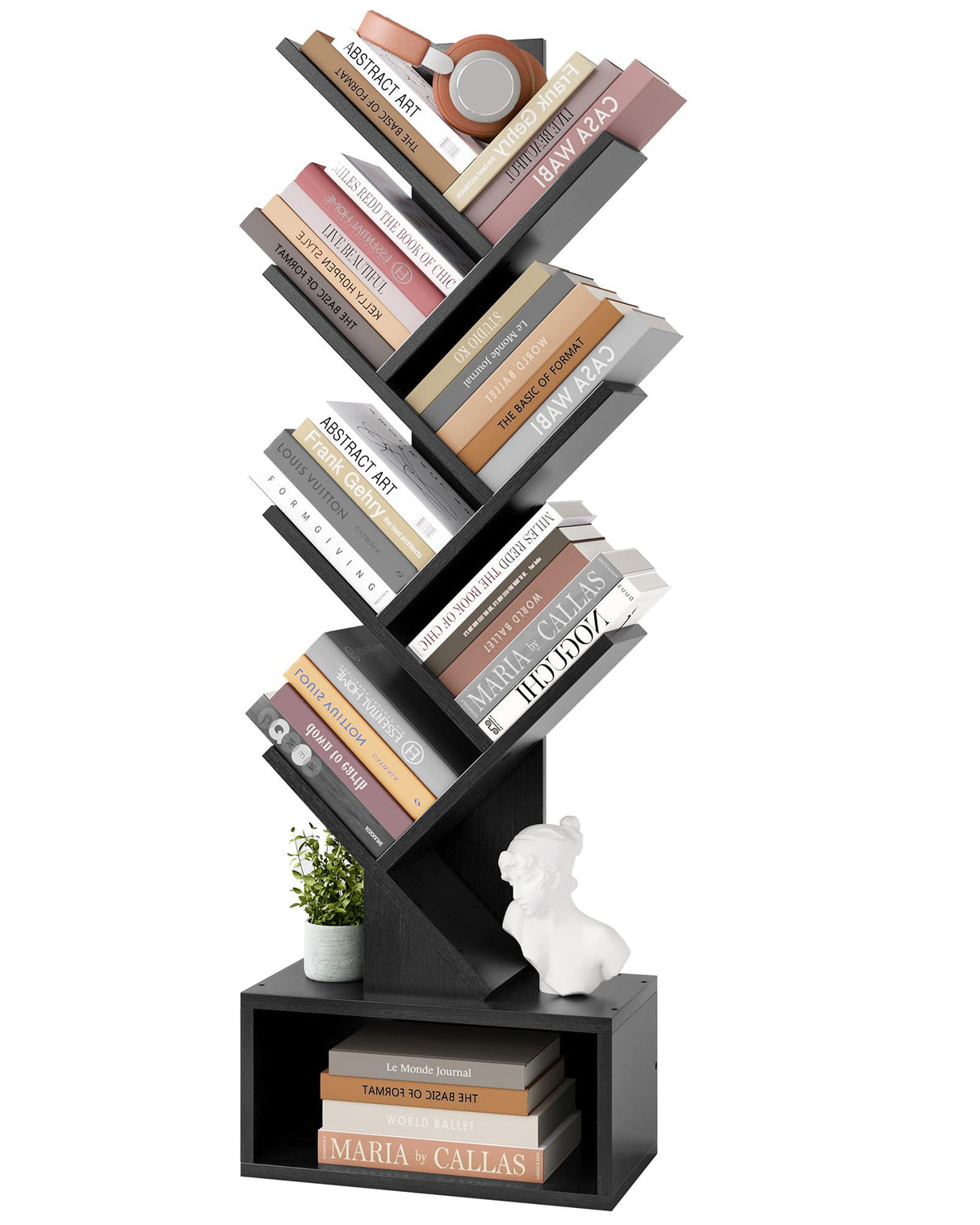 Hoctieon 6 Tier Tree Bookshelf, Tall Bookcase with Drawer, Freestanding Book Shelf, Display Floor Standing Storage Shelf, Book Organizer Shelves for Home Office, Living Room, Bedroom, Black Hoctieon