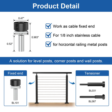 BLIKA 20 Pack 1/8" Black Cable Railing Anchor Terminal, T316 Stainless Steel, Invisible Cable Railing Kits for Metal Posts, Cable Railing End Fittings, Cable Railing Corner Post Anchor BLIKA
