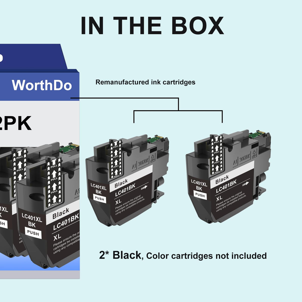 WORTHDO LC401XL High Yield Black Ink Cartridges Compatible for Brother LC401 XL Black Work with Brother MFC-J1010DW MFC-J1012DW MFC-J1170DW Printer (2 Pack) WORTHDO