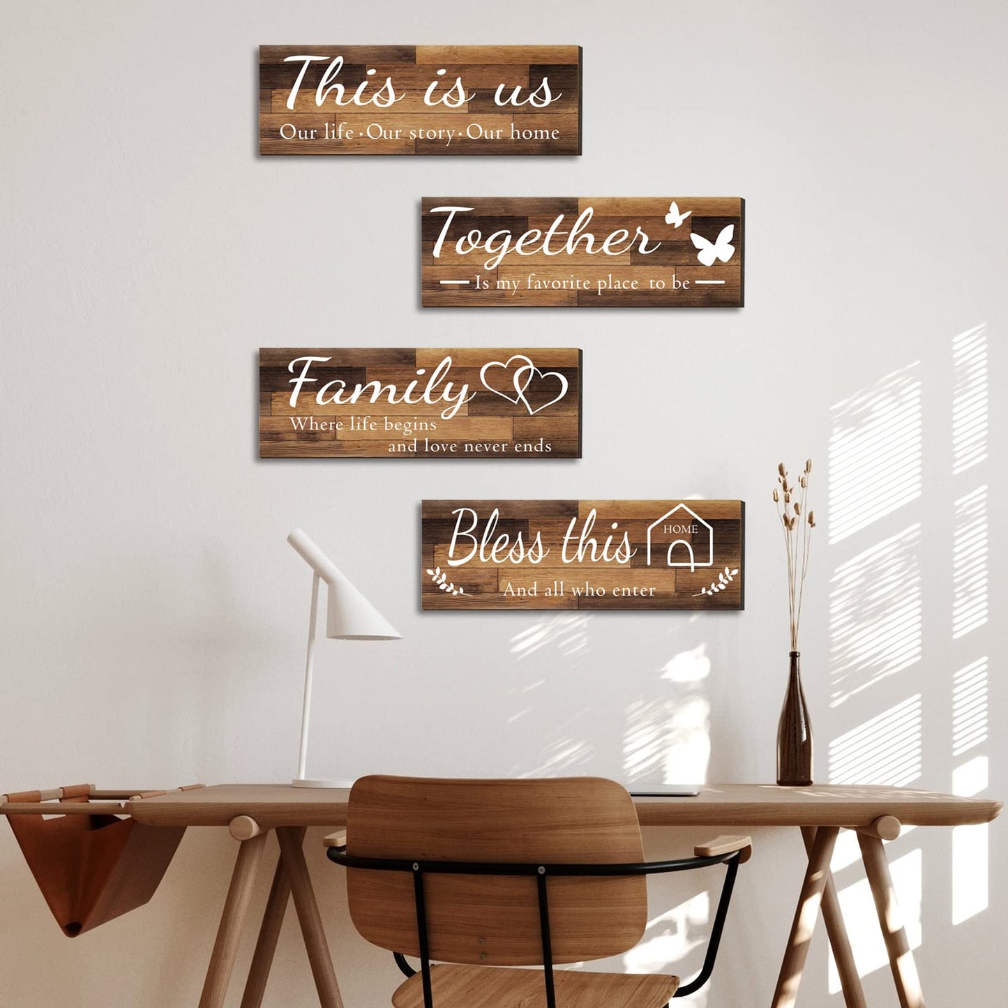 4 Pieces Home Wall Signs, THIS IS US/TOGETHER/BLESS THIS HOME/FAMILY Wall Decor For Living Room Bedroom, Rustic Wooden Farmhouse Wall Art , 4.7 x 13.8 Inch(Brown)