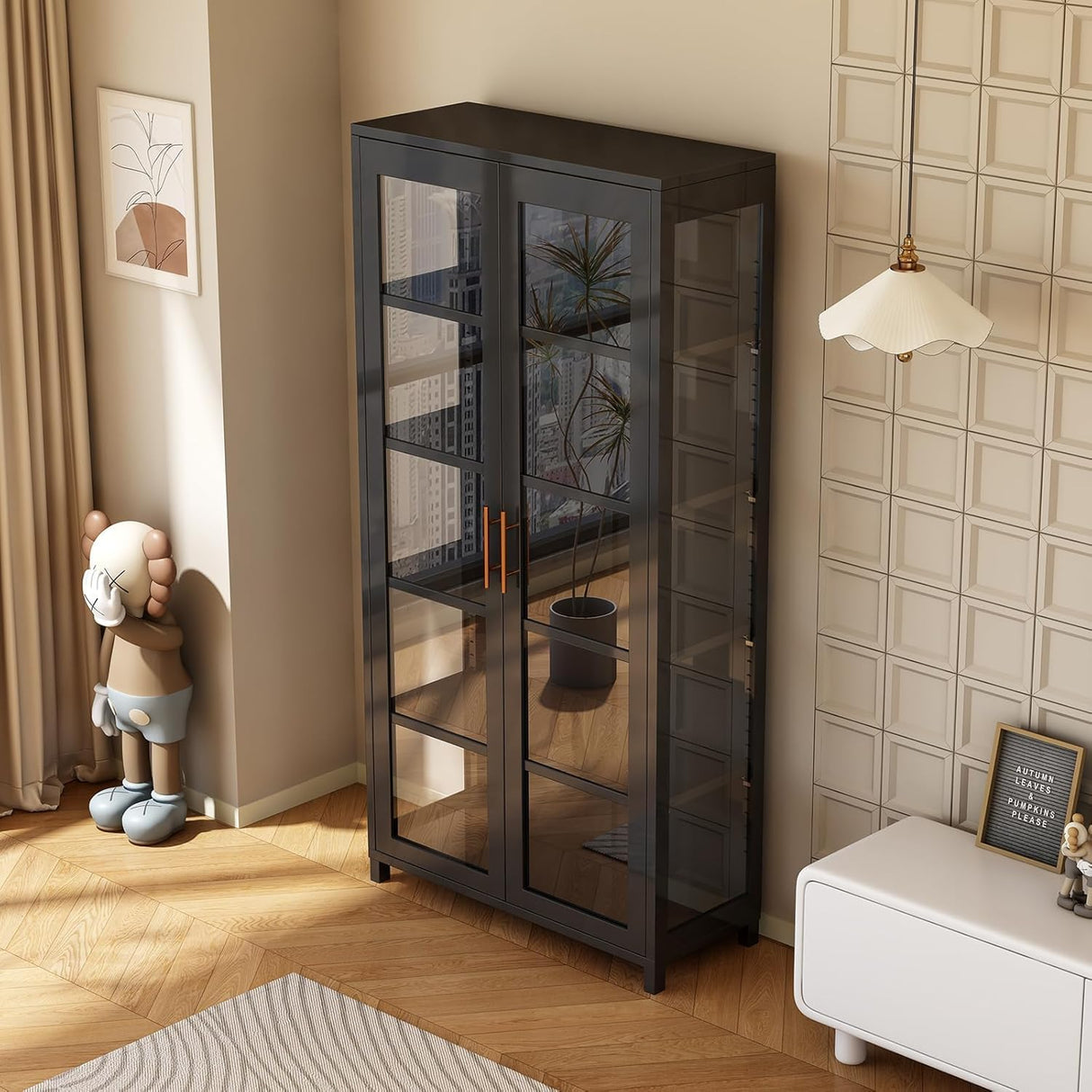 IHGSSKD 5-Tier Display Cabinet with Glass Doors, 67" Metal Curio Cabinet with 4 Adjustable Shelves for Collectibles, Toy Organizers Cabinet & Glass Display Case for Home, Office, Living Room, Black IHGSSKD