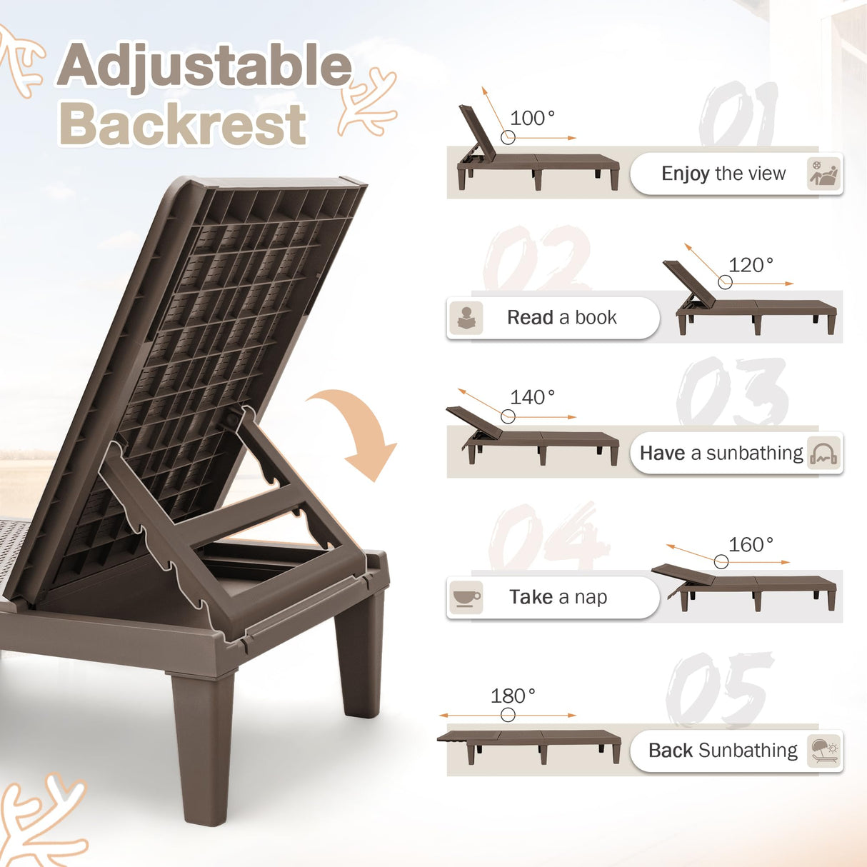 Homall Outdoor Lounge Chairs Set of 2, Quick Assembly & Waterproof Patio Chaise Lounge with Adjustable Backrest for Poolside, Beach, Garden (Deep Brown) Homall