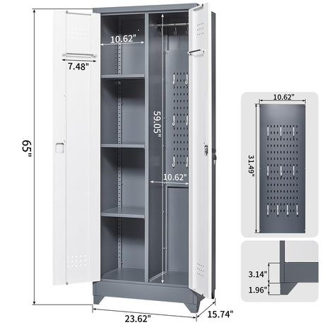 LUCYPAL Broom Closet Storage Cabinet with Locking Doors,65" H Metal Storage Cabinet with Shelves and Hanging Rod,Cleaning Tool Cabinet for Bathroom,Kitchen White&Grey LUCYPAL