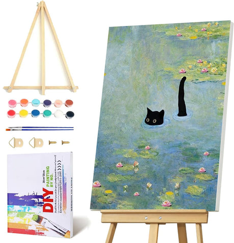 Black Cat Pond Paint by Numbers Kit for Adults with Framed - Paint by Number with Wooden Easel DIY Nice Box Acrylic Oil Painting,for Wall Decor 8x12inch VIGEGU