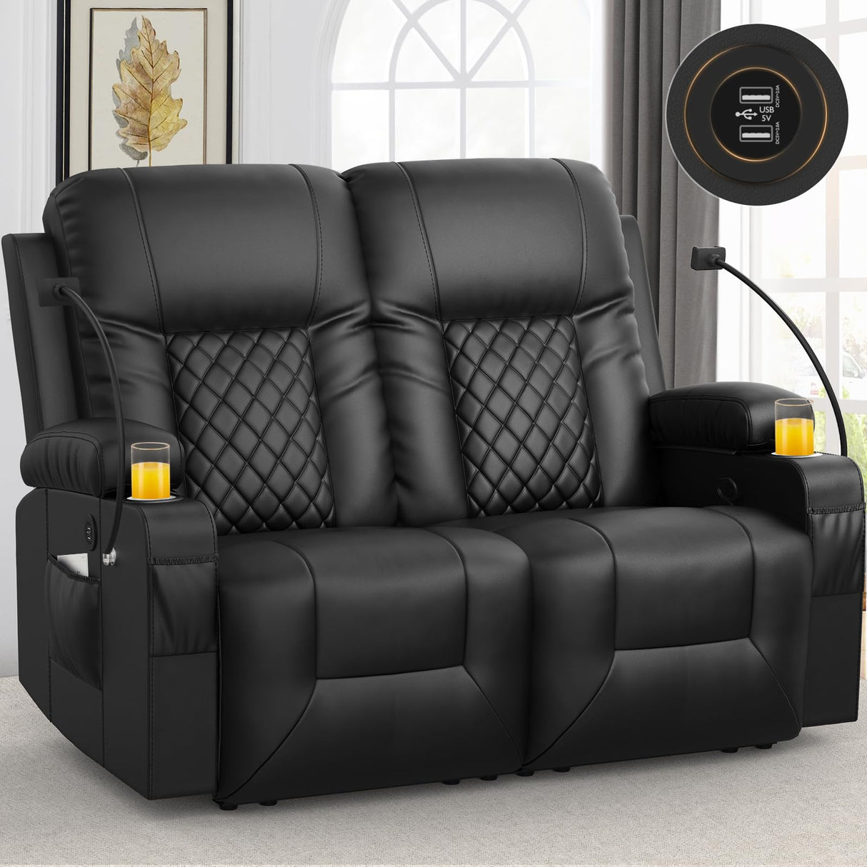 FURNIMAT Loveseat Recliner Sofa, 2 Seater Reclining Loveseat Sofa, PU Leather Recliner Loveseat Couch, Modern Recliner Chair for Living Room, with Cup Holder and 2 Cell Phone Holder, USB Ports, Black FURNIMAT