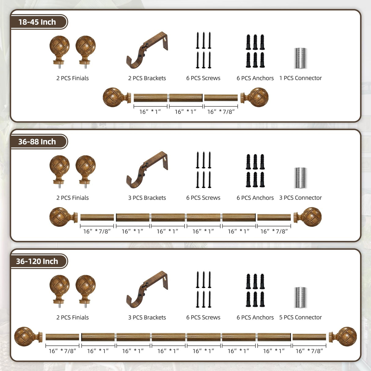Wood Curtain Rods for windows 48 to 84 Inch(4-7ft): 1 Inch Adjustable Heavy Duty Curtain Rods,Netted Wood Grain Window Curtains Rods for Farmhouse,Living room, bedroom, kitchen, etc. Size:36-88" Ycolnaefllr