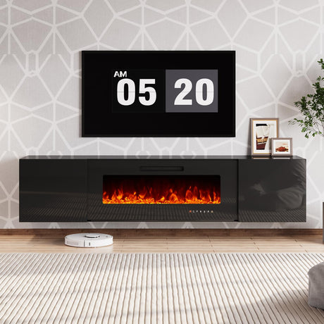 AMERLIFE Floating Fireplace TV Stand, Wall Mounted Mirrored Entertainment Center with 40" Electric Fireplace, Modern LED Lights Media Console for TVs Up to 90", Black AMERLIFE