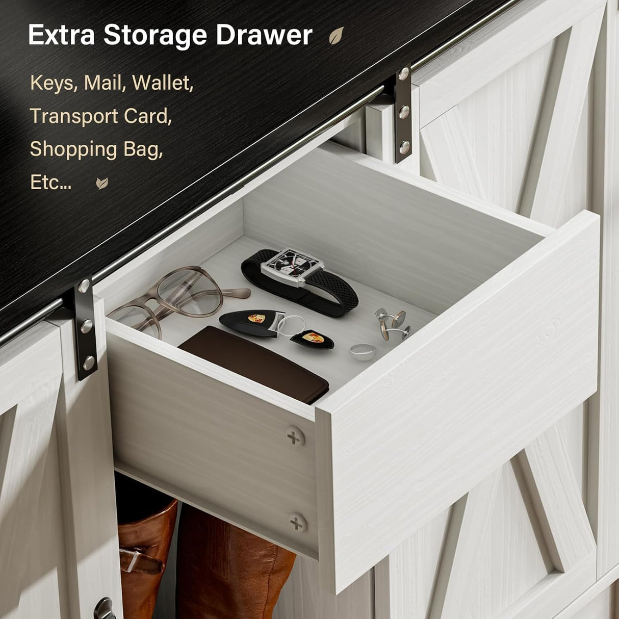 4ever2buy Farmhouse Hall Tree with Bench and Shoe Storage, 5-in-1 Farmhouse Hall Tree with Adjustable Shelf and Barn Doors, Entryway Bench with Coat Rack, White 4ever2buy