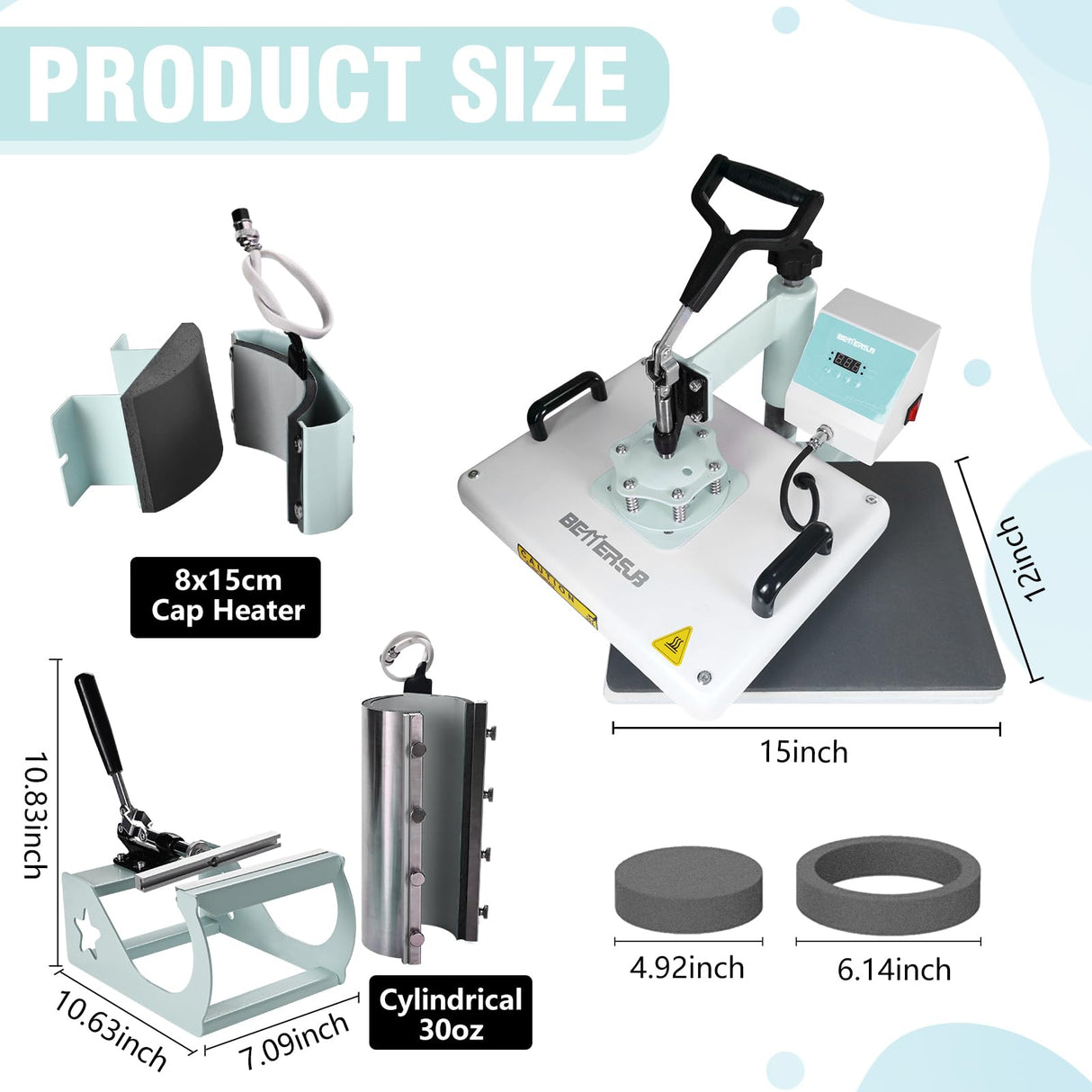 BetterSub Combo 5 in 1 12‘’ x15‘’ Heat Press Machine for T-Shirt 20/30oz Tumbler Heat Press Hat Plate Cap Printing Heat Transfer Digital Industrial-Quality Sublimation Machine 360 Degree Swivel Teal BetterSub
