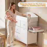DTK Baby Dresser with Changing Table Top,4-Drawers Changing Table Dresser with Tile-Out Trash Cabinet and Pull-Out Shelf,Diaper Changing Station with Waterproof Pad and Storage for Nursery,White DTK