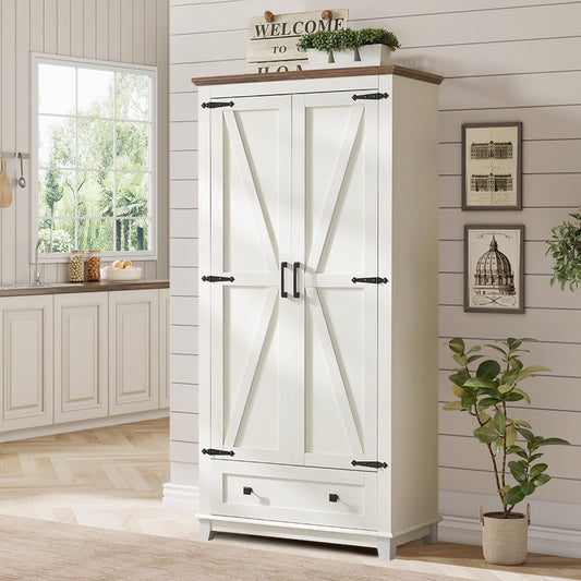 LUXOAK Farmhouse Kitchen Pantry Cabinet, 72" Tall Storage Cabinet with Adjustable Shelves & Barn Doors, Freestanding Kitchen Cupboard for Dining Room, Living Room, Barnwood+White - WoodArtSupply